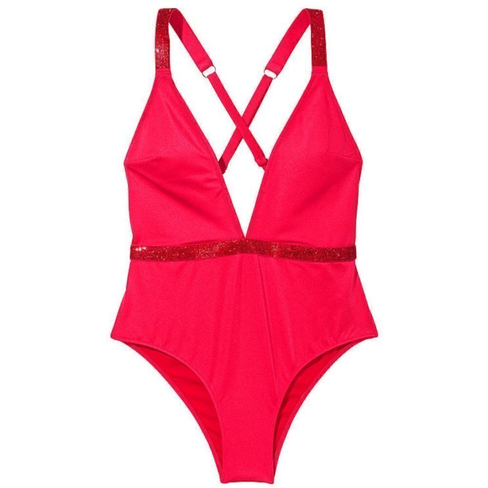 Victoria Secret Large L Shine Strap Plunge One Piece Swimsuit Bikini Pink